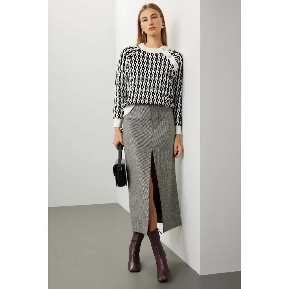 Derek Lam Collective Black Ivory Chain Link Jacquard Button Shoulder Sweater M